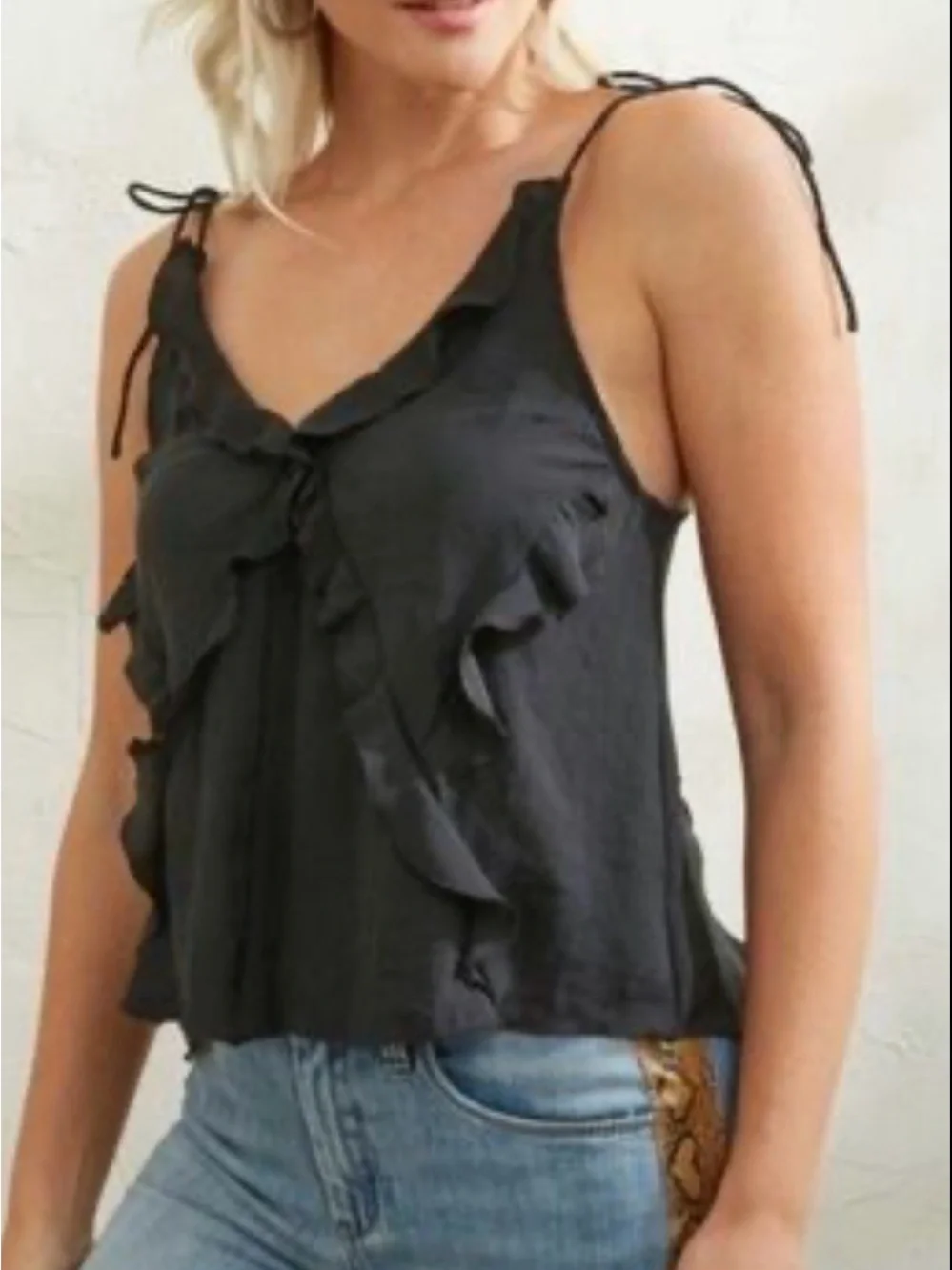 Free People Black Ruffle Tie-Shoulder Camisole